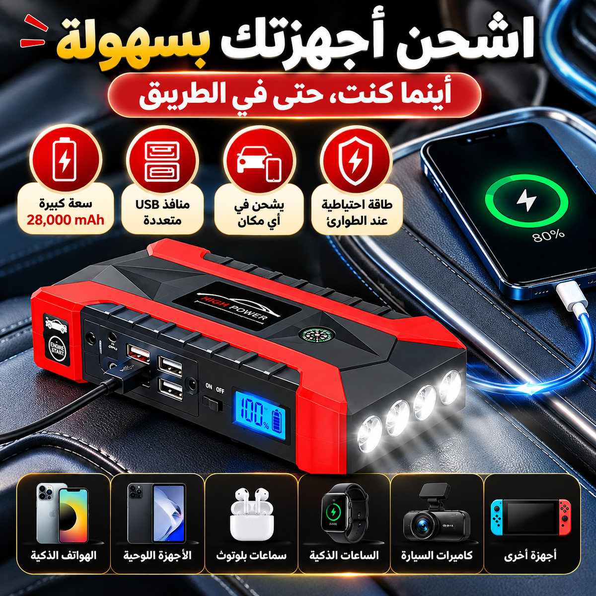 Pack Auto Complet 3-en-1 | Démarrage Rapide, Gonflage des Pneus et Support Téléphone Offert 🎁
